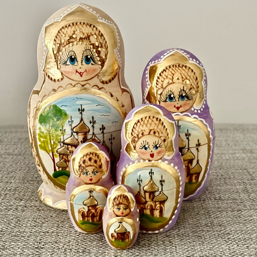 Russian Ceprueb Nocag Vintage Hand Painted Gold Leaf Nesting Dolls.